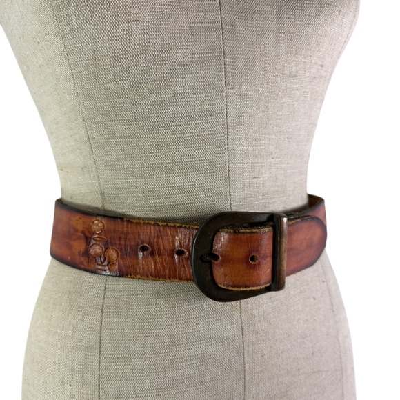 Vintage Brown Leather Mushrooms & Flowers Pattern Belt 28 Unisex main image 8
